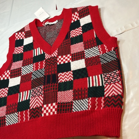 PATCHWORK knit MIX VEST RED GREEN WHITE Christmas holiday sweater PULLOVER NEW L - Picture 4 of 12